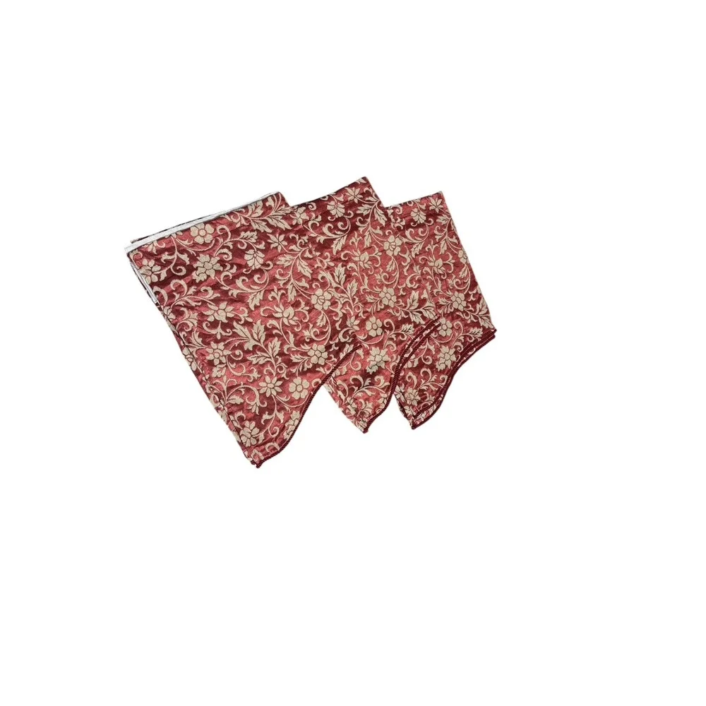 Set of 3 Velvet Jacquard Valances Short Curtains Red Beige Scalloped Floral